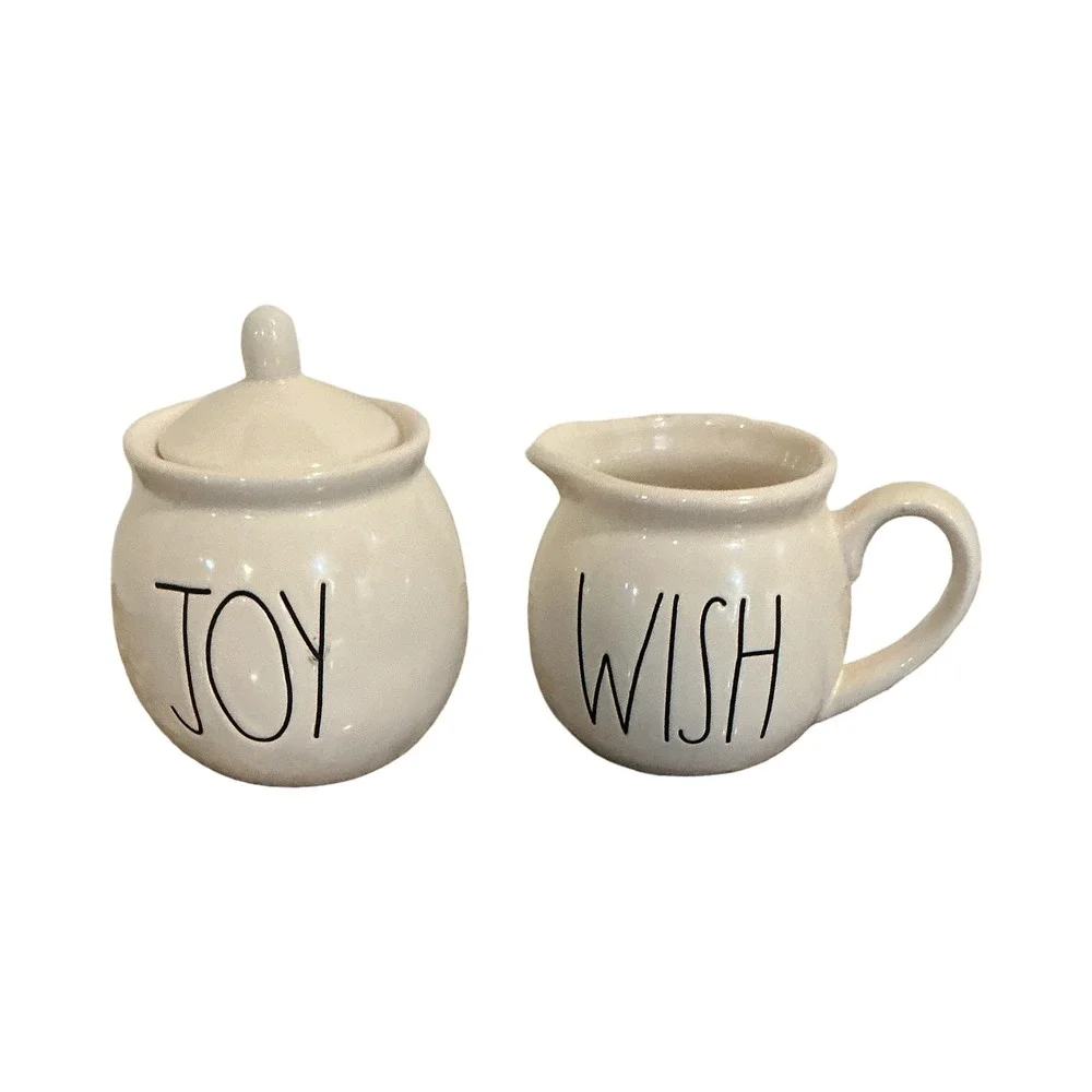 Rae‎ Dunn JOY Sugar Bowl and WISH Creamer Set Ivory Ceramic Farmhouse Decor